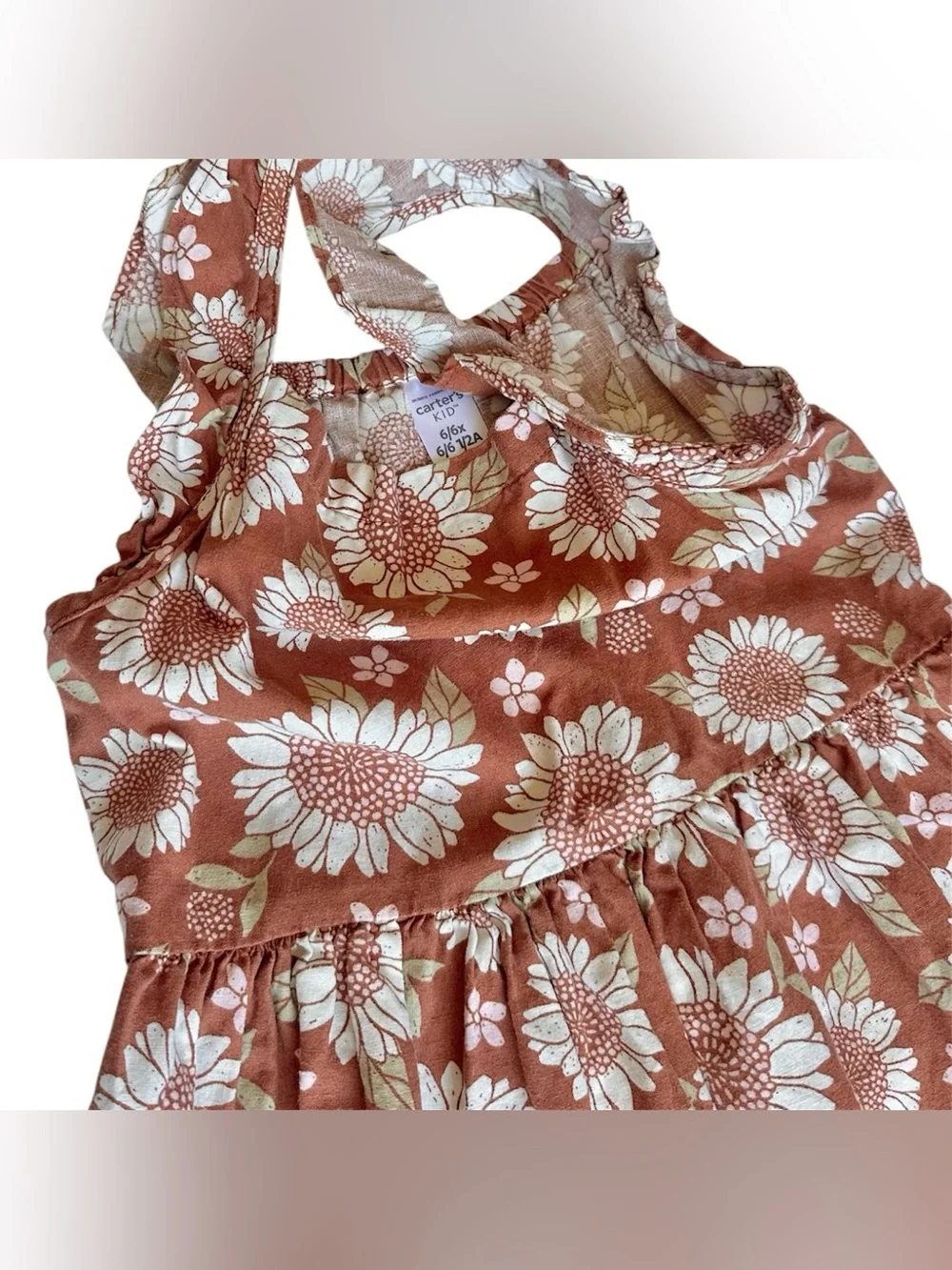 Carter's 6/6x Girls Brown sunflower ruffle sleeve linen dress